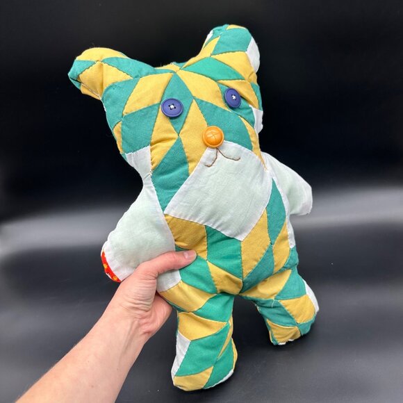 Handmade Patchwork Teddy Bear Button Eyes Noses Green Yellow Kitschy Retro - Picture 5 of 8